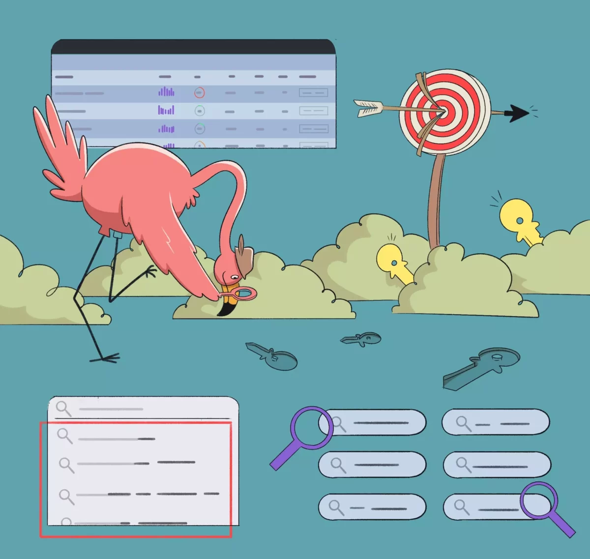 Illustration of a flamingo searching in bushes surrounded by keys, light bulbs, a target with arrows, and search bars, symbolizing content brief creation and keyword research for effective SEO.
