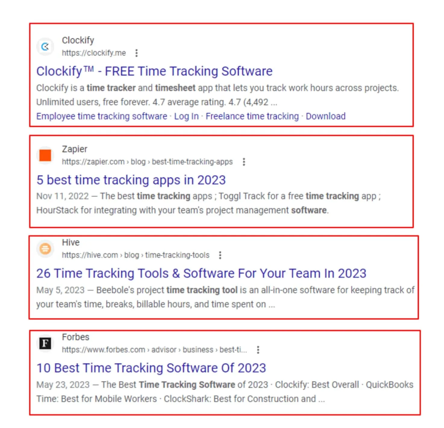 Top Google results showing best time tracking software articles from Clockify, Zapier, Hive, and Forbes.