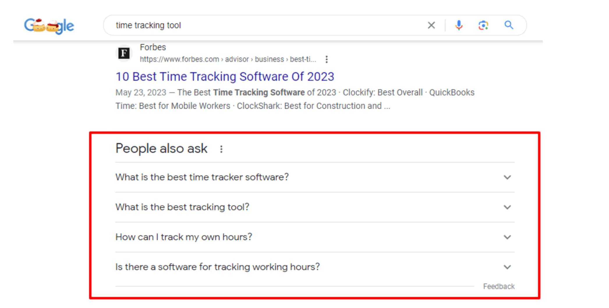 Google search results showing 'People also ask' section with time tracking tool-related questions.