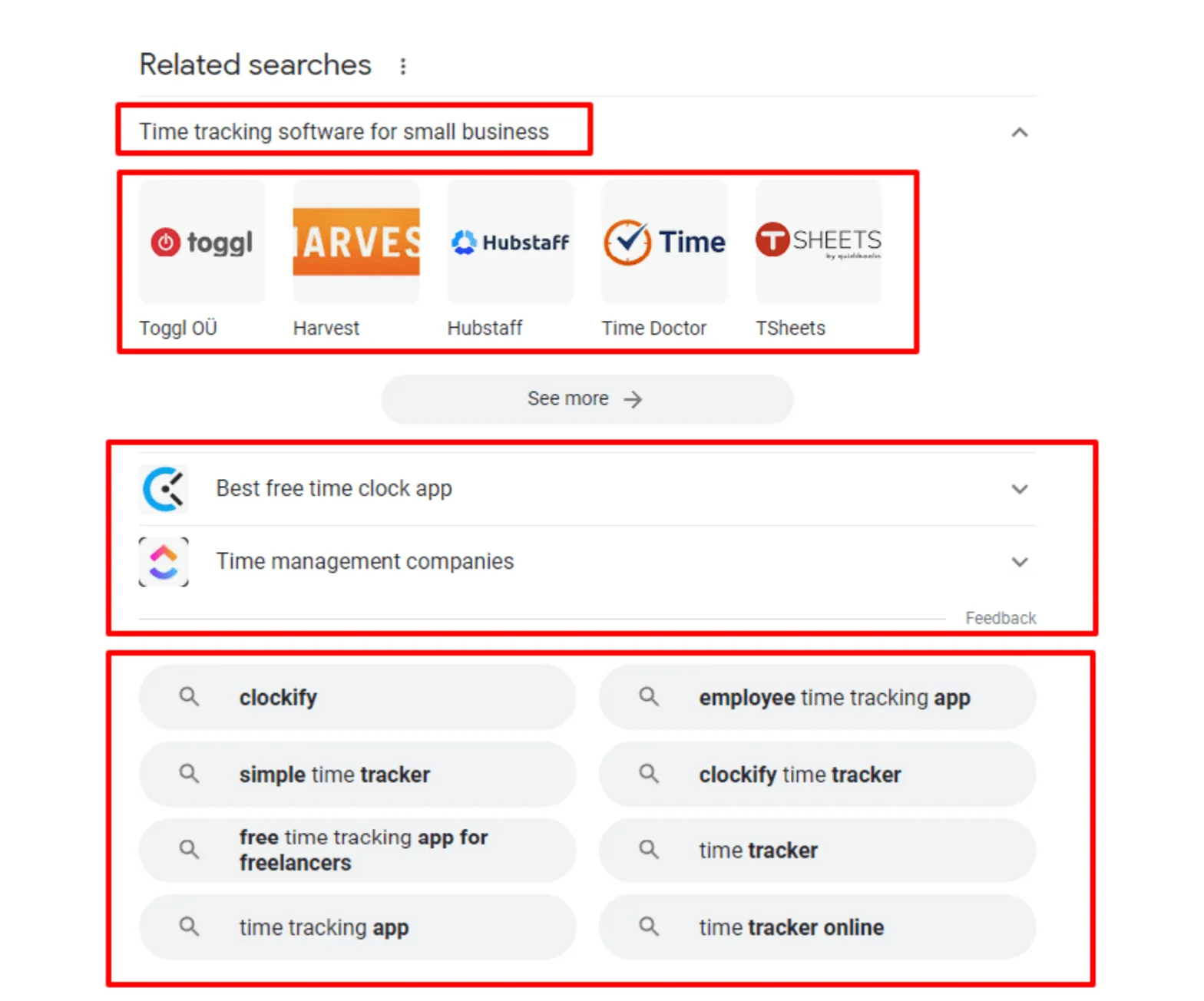 Google related searches showing time tracking software, apps, tools, and popular brand logos.