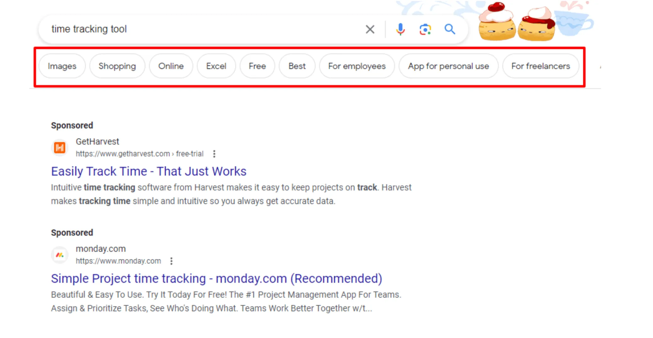 Google search filter chips for 'time tracking tool' showing options like Free, Excel, and For freelancers.