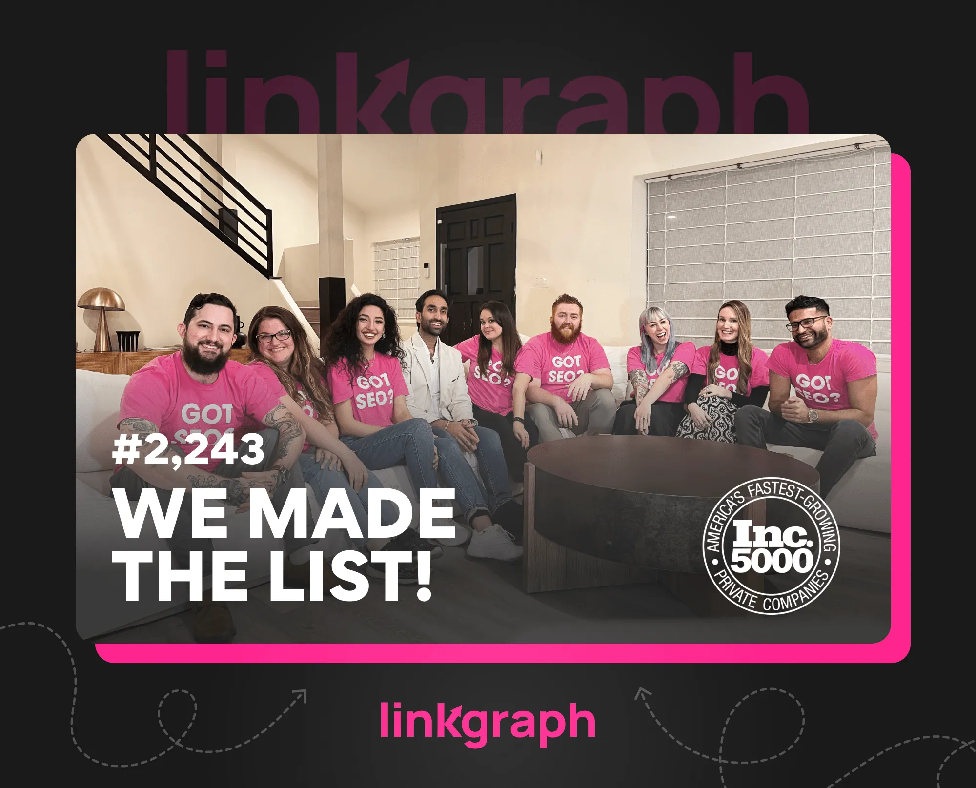 LinkGraph team celebrating Inc. 5000 ranking with a group photo, all wearing “Got SEO?” shirts and text stating “We Made the List! #2,243”.