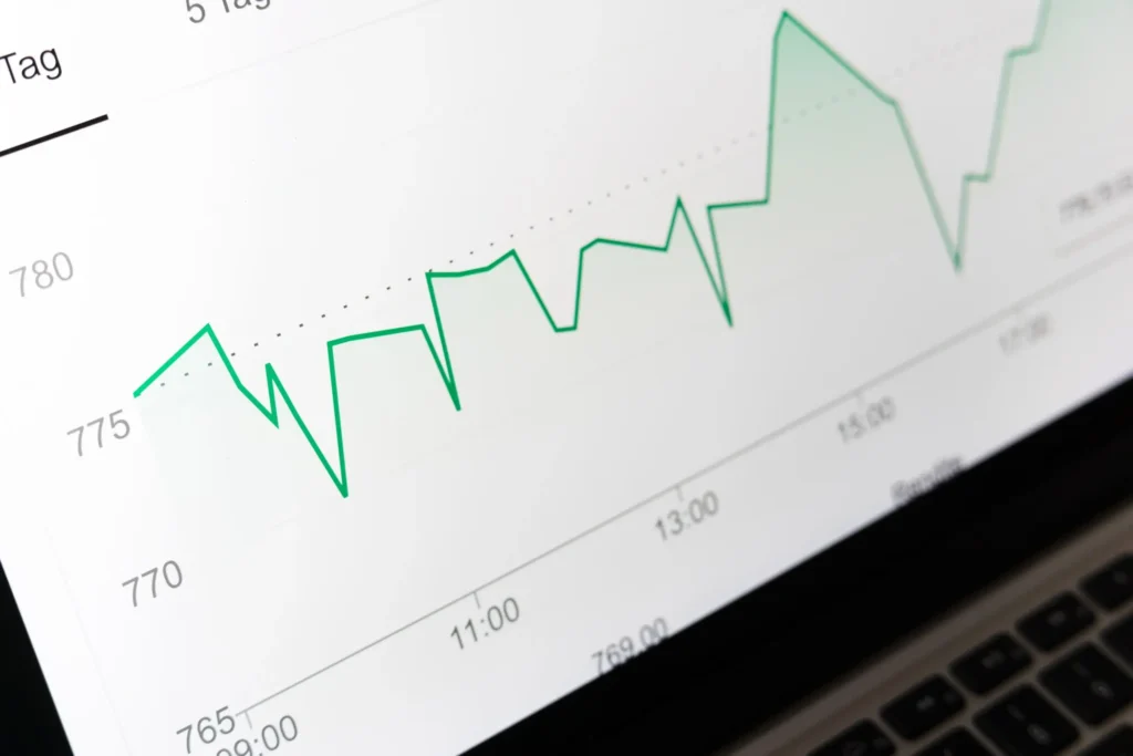 A close-up of a computer screen displaying a fluctuating line graph with time indicated on the x-axis and numerical values on the y-axis.