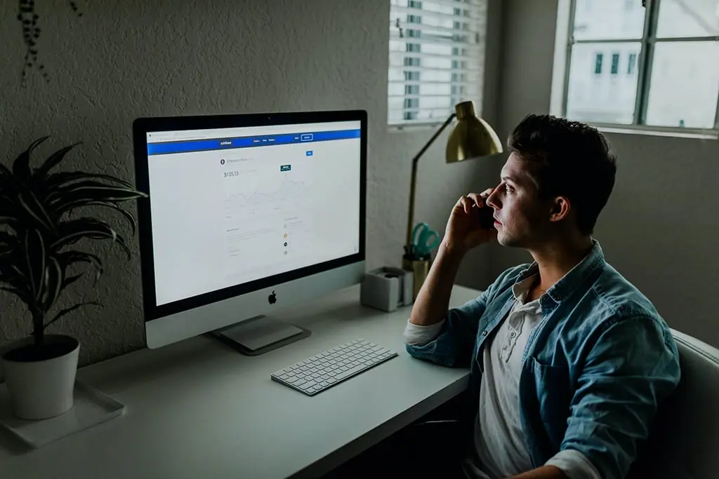 Man sitting at desk on a phone call while monitoring cryptocurrency prices on a large desktop screen.