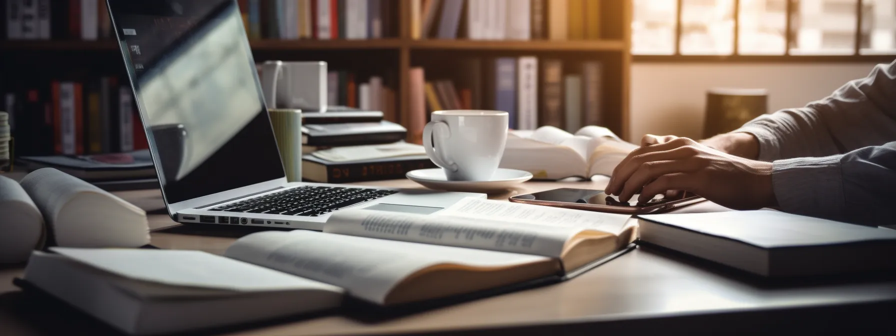a person sitting at a desk with a computer, surrounded by books and notes, working diligently on building topical authority for their website.