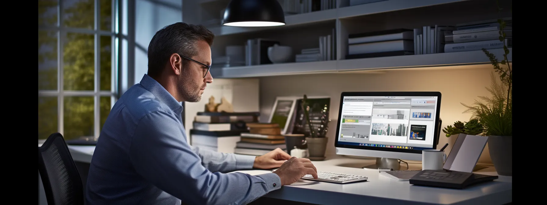 a small business owner sitting at a desk, planning their link building strategy using a computer and various marketing tools.