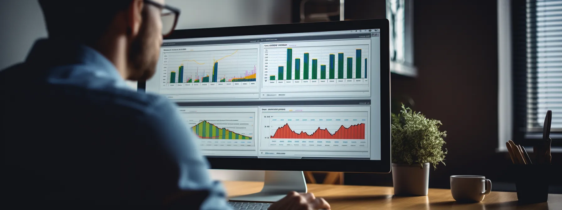 a person looking at a computer screen displaying website analytics and seo data, assessing the impact of their topical authority efforts.