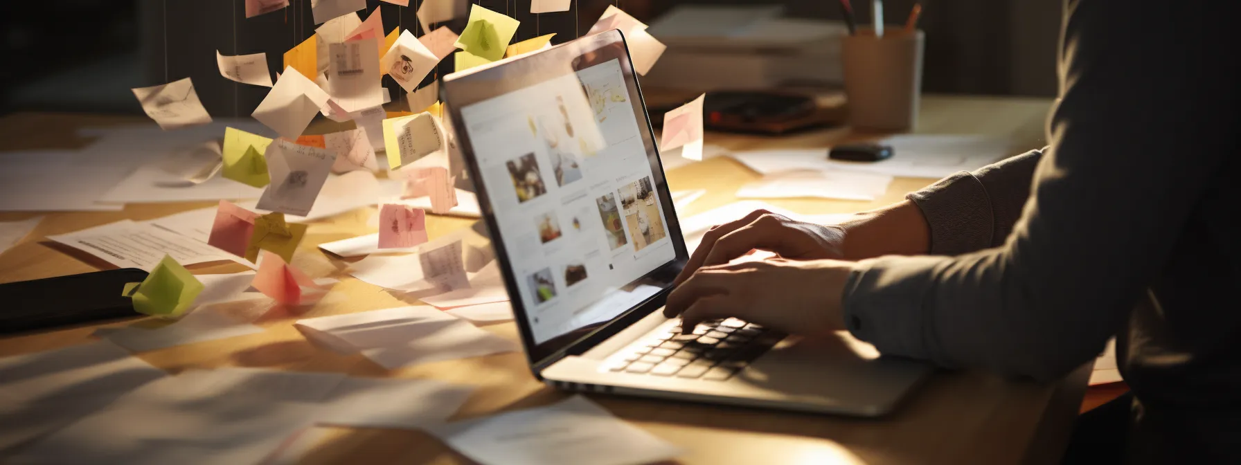 A person types on a laptop at a cluttered desk covered with papers and sticky notes, with more sticky notes stuck to the laptop screen.