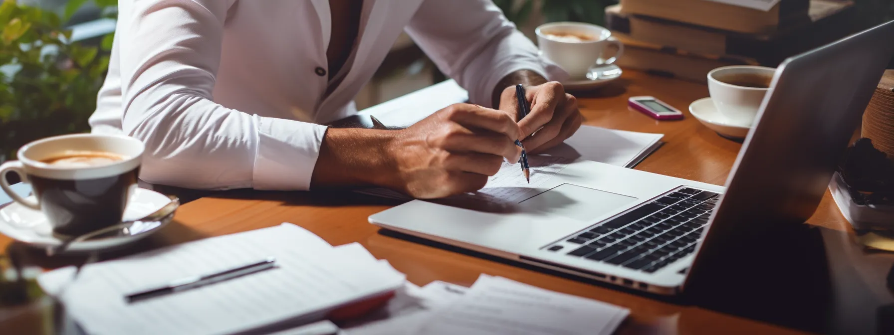 a person writing high-quality content for a casino website, surrounded by various types of content forms like case studies, industry trend analysis, and strategy guides.
