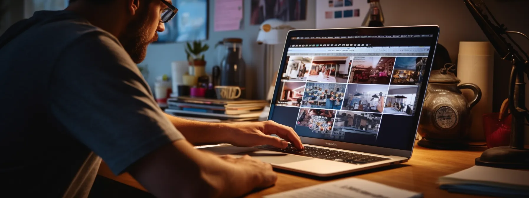 the photo shows a person using a laptop, surrounded by pictures and notes, researching and strategizing for successful link baiting.