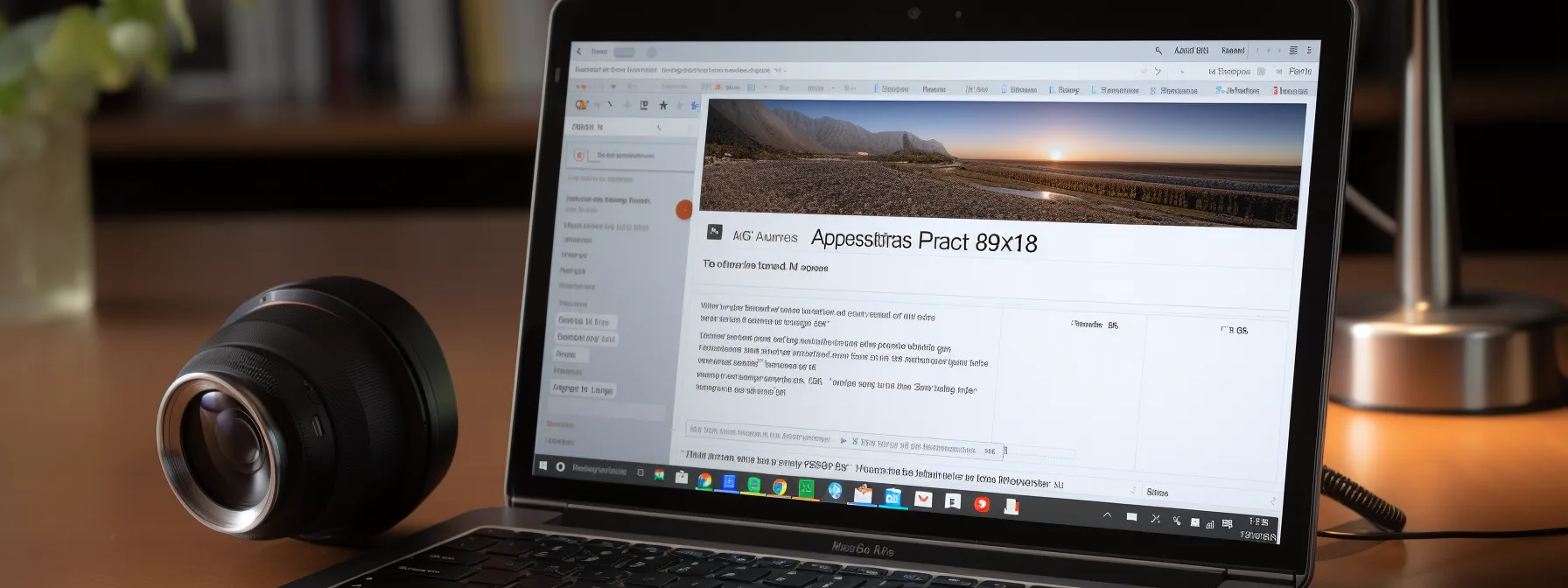 A laptop displaying a presentation slide titled "Appestatitsas Phacti 89x18" sits on a desk next to a camera lens, with a lamp and blurred background.