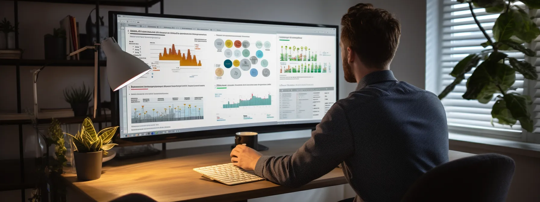 a person analyzing website data and keywords on a computer screen, with a whiteboard in the background filled with seo strategies and concepts.