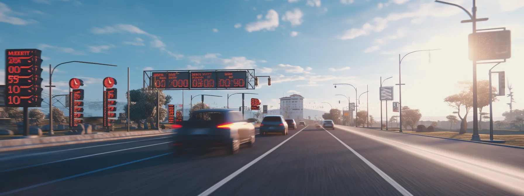 Multiple cars drive on a multi-lane road at sunrise, with digital speed signs and gas prices displayed on the roadside. A large building is visible in the background.