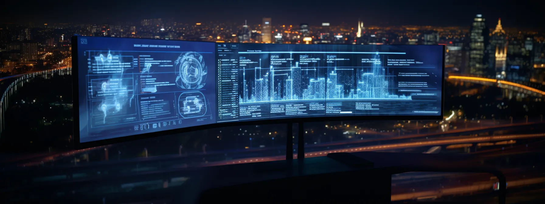 A curved widescreen computer monitor displays complex technical data and digital graphs, set against a nighttime cityscape view through a window.