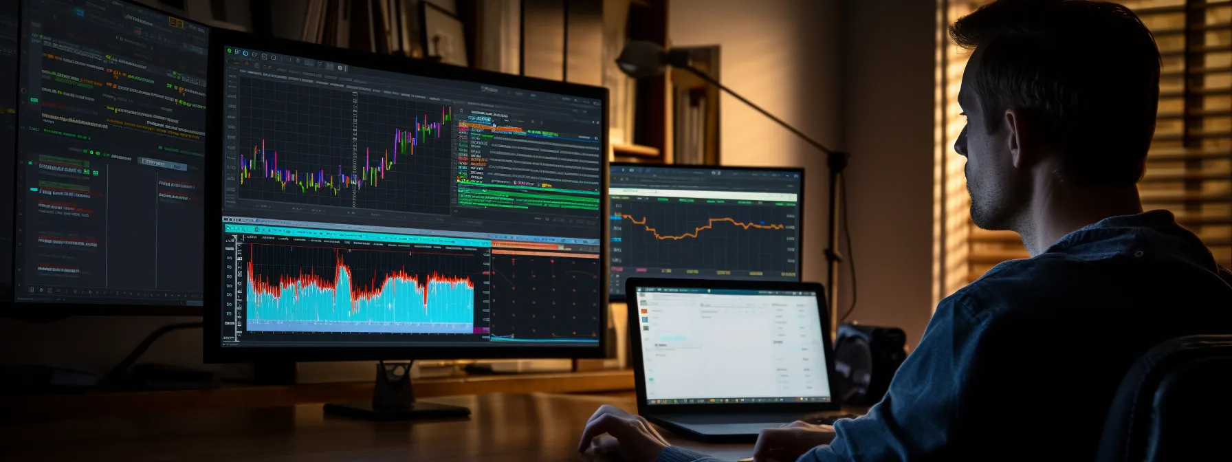 Person analyzing financial charts and data on multiple monitors and a laptop in a dimly lit workspace