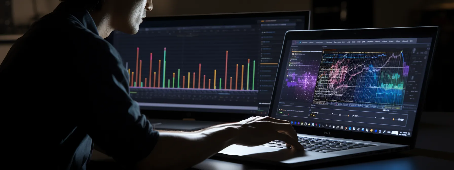 a person typing on a laptop while a graph illustrating the growth of artificial intelligence and machine learning is displayed on the screen.