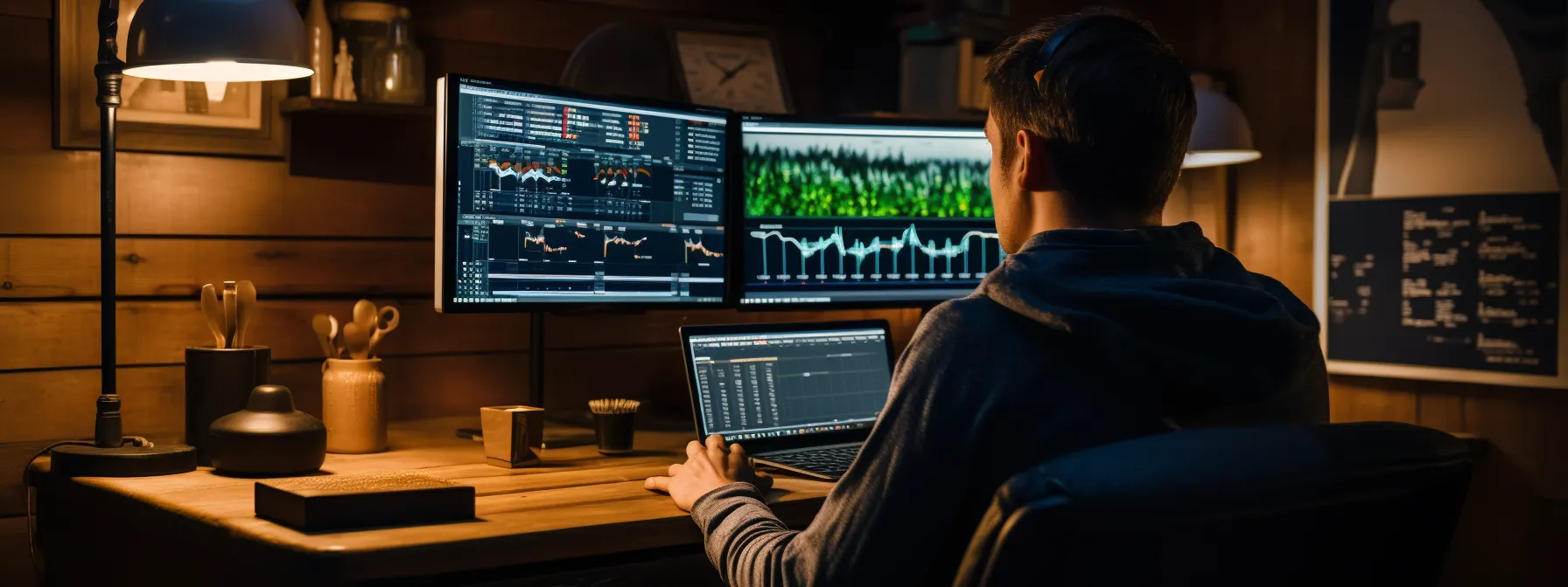 a person sitting at a computer, monitoring website traffic metrics on a screen.