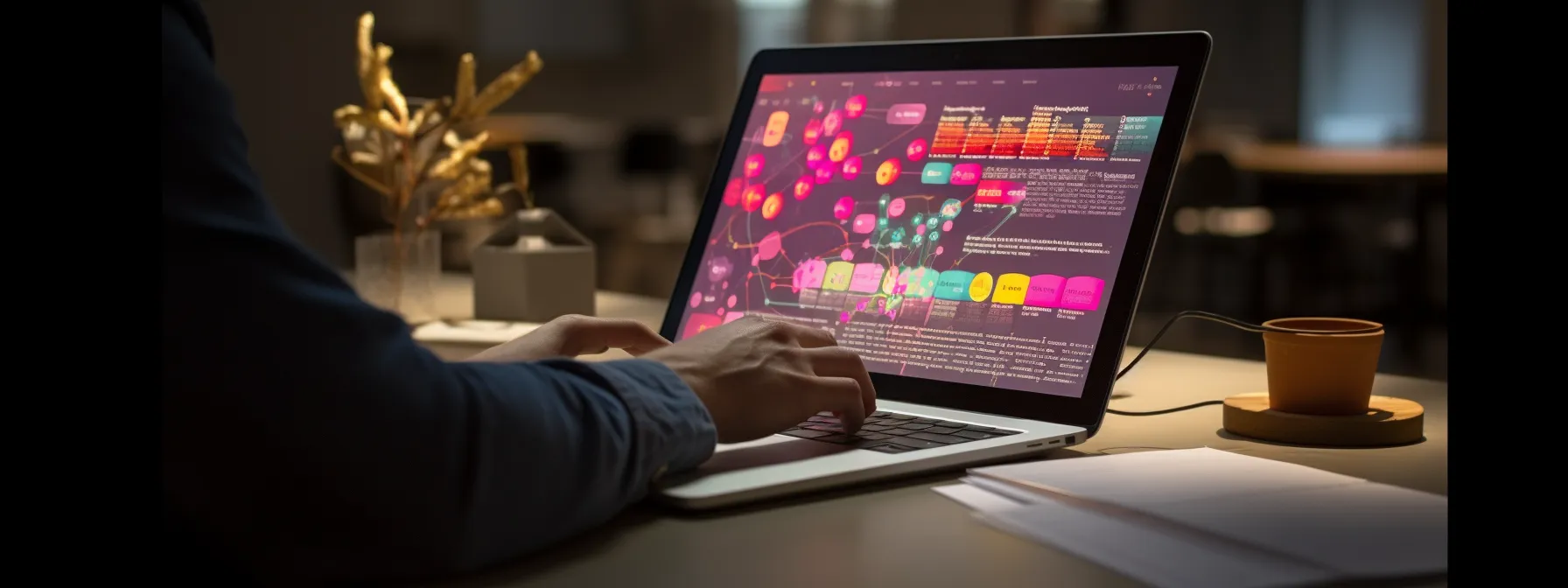 Person working on a laptop displaying colorful data visualization charts and network diagrams in a modern workspace.