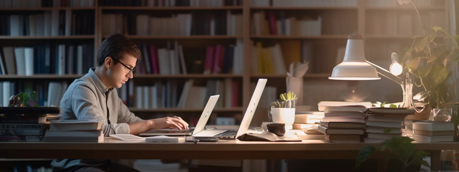 a person using a laptop while surrounded by books and seo tools.