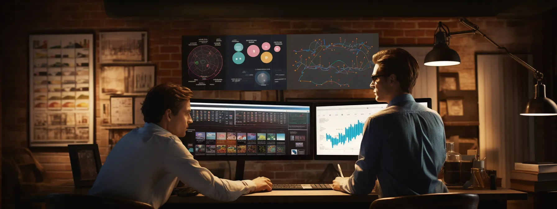Two people sit at a desk with multiple computer monitors displaying data charts, graphs, and network diagrams in a dimly lit office.