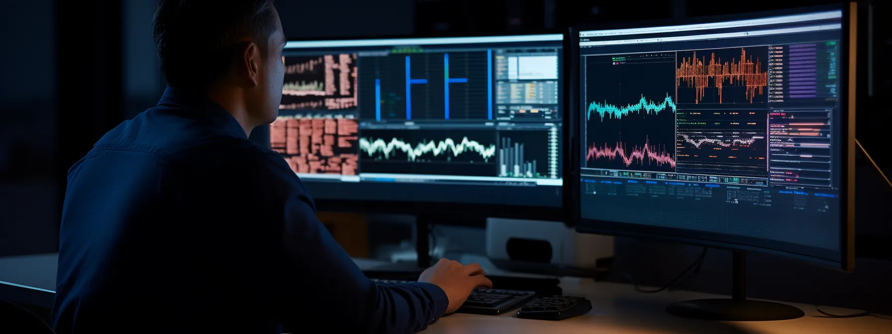 A person sits at a desk in front of two monitors displaying financial charts, graphs, and data at night.