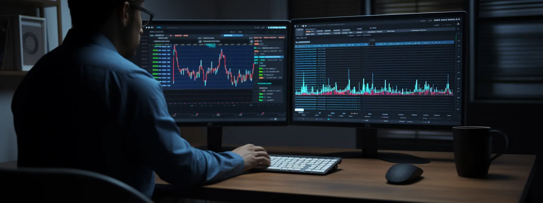A person sits at a desk analyzing financial data on two large computer monitors displaying graphs and charts in a dimly lit room.
