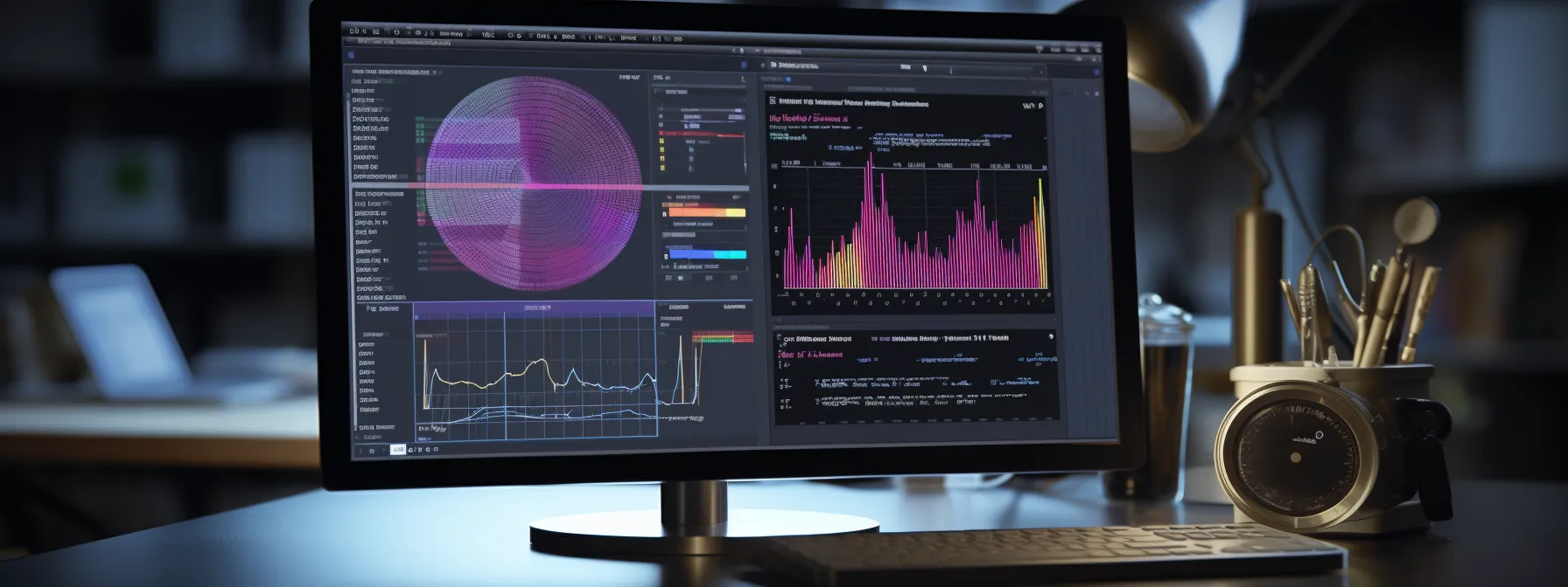 A computer monitor displays various colorful data visualizations, graphs, and code in a workspace with a keyboard and clock nearby.