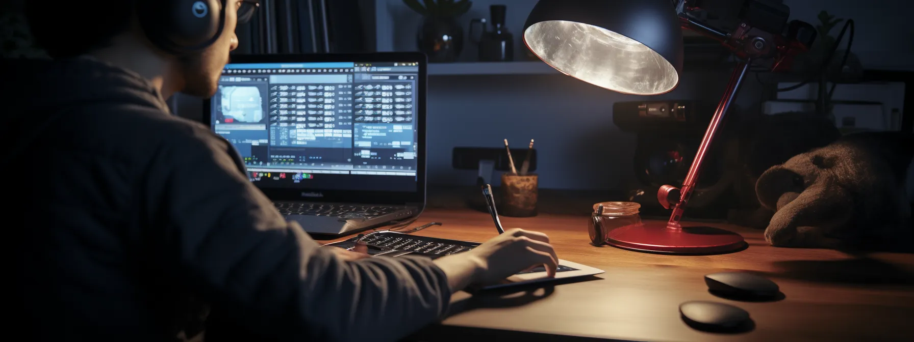 a person writing a blog post while surrounded by various digital marketing and seo tools.