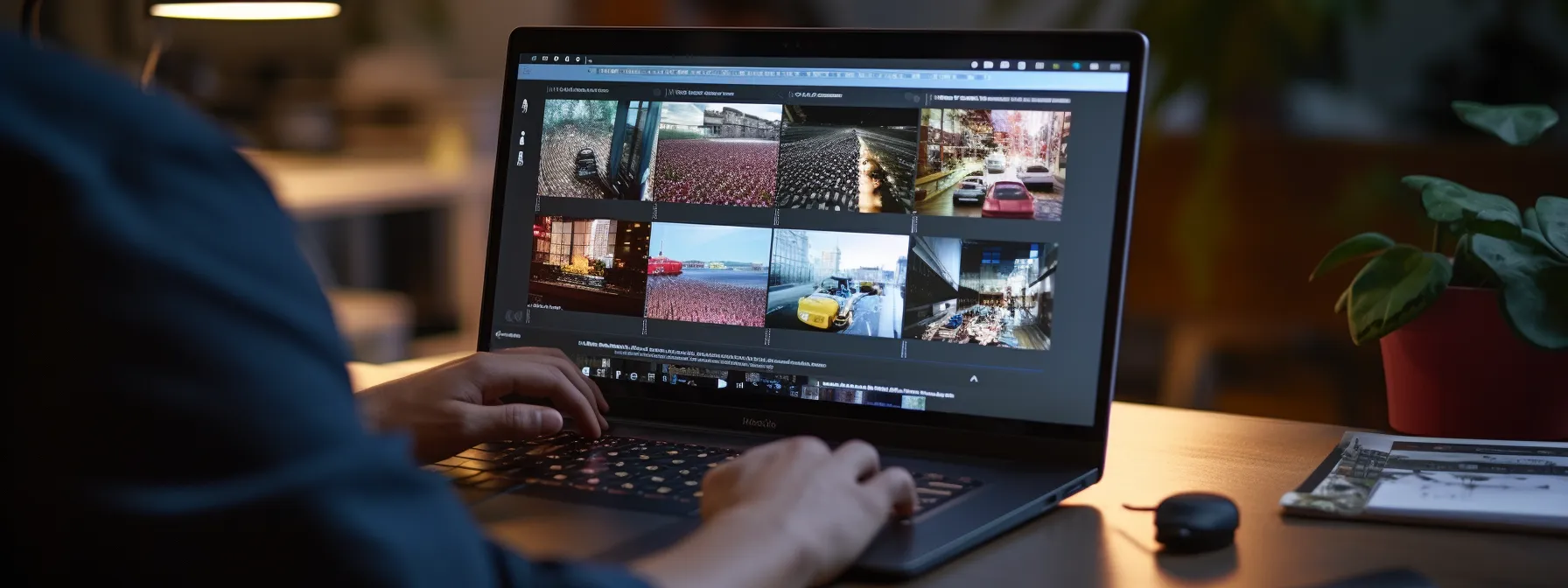 a person typing on a laptop while surrounded by various media formats such as blogs, infographics, video content, and podcasts.