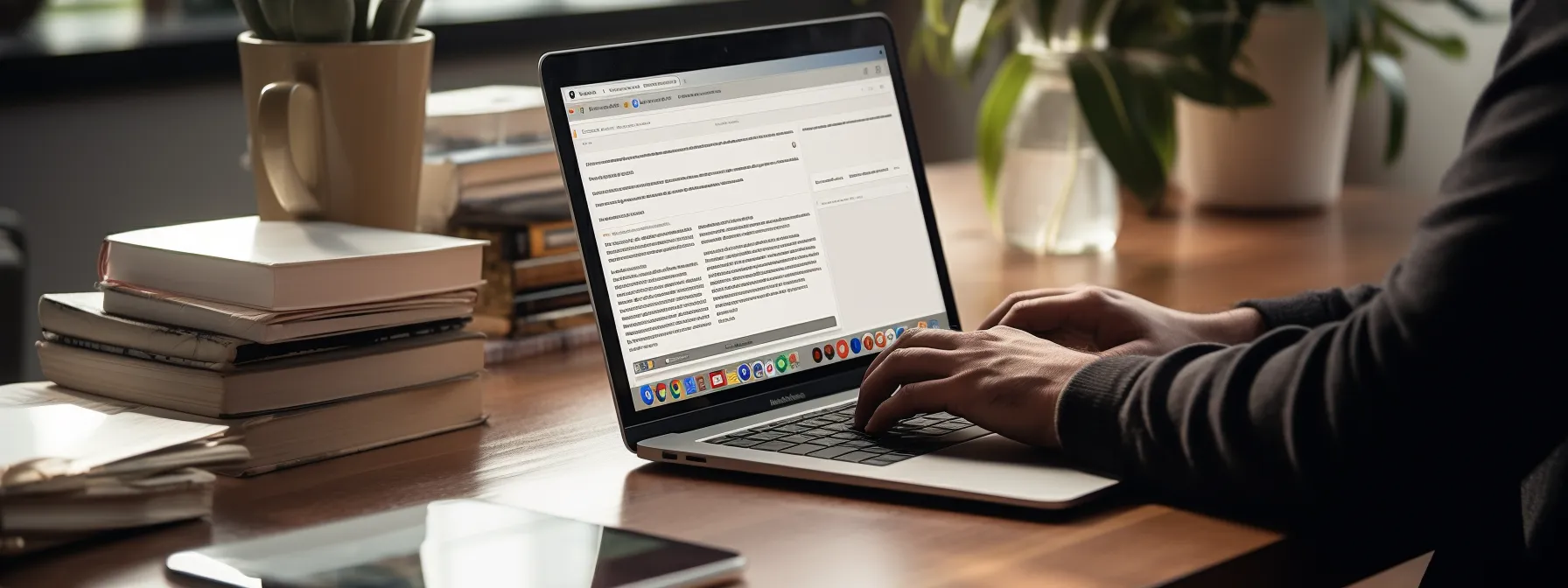 a person typing on a laptop while on a desk with a notepad and a cup of coffee, surrounded by seo books and a google logo sticker.