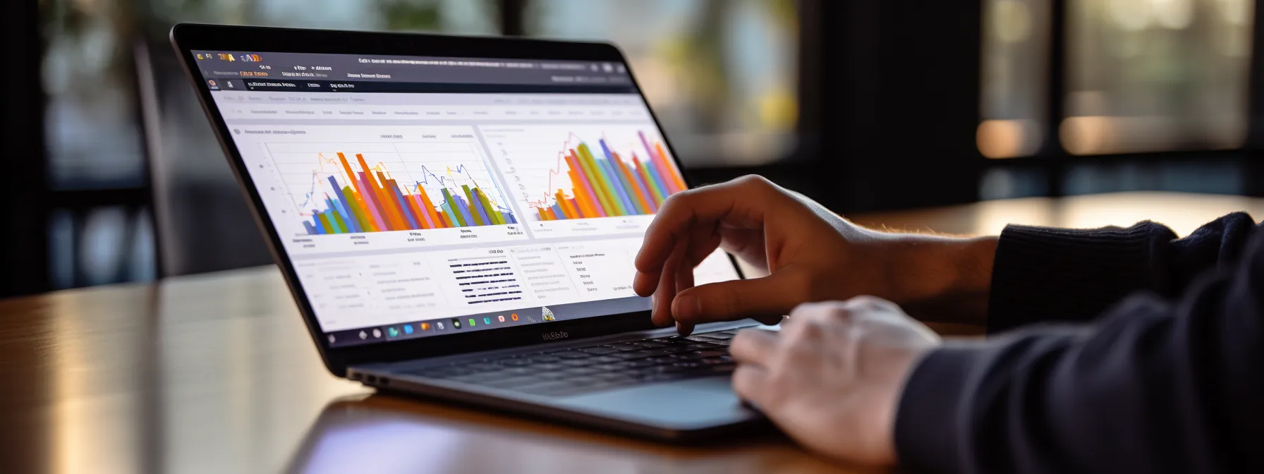 a person typing on a laptop, with charts and graphs of website traffic and keyword rankings displayed on the screen.