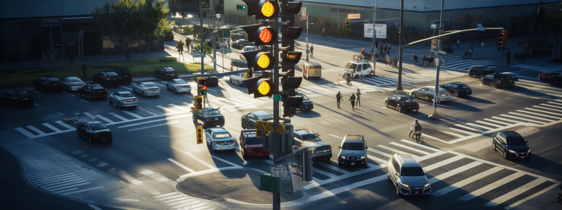Busy city intersection with cars stopped at red lights and pedestrians crossing the street on a sunny day. Traffic lights are illuminated yellow and red.