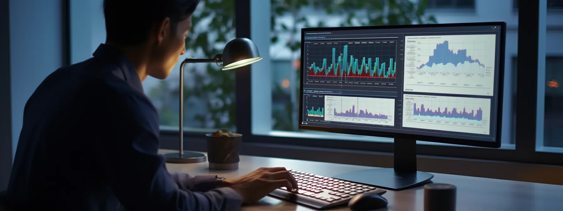 a person analyzing data on a computer screen, surrounded by seo tools and graphs.