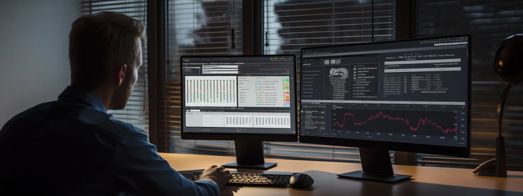 A person sits at a desk, analyzing data and financial charts displayed on two computer monitors in a dimly lit office.