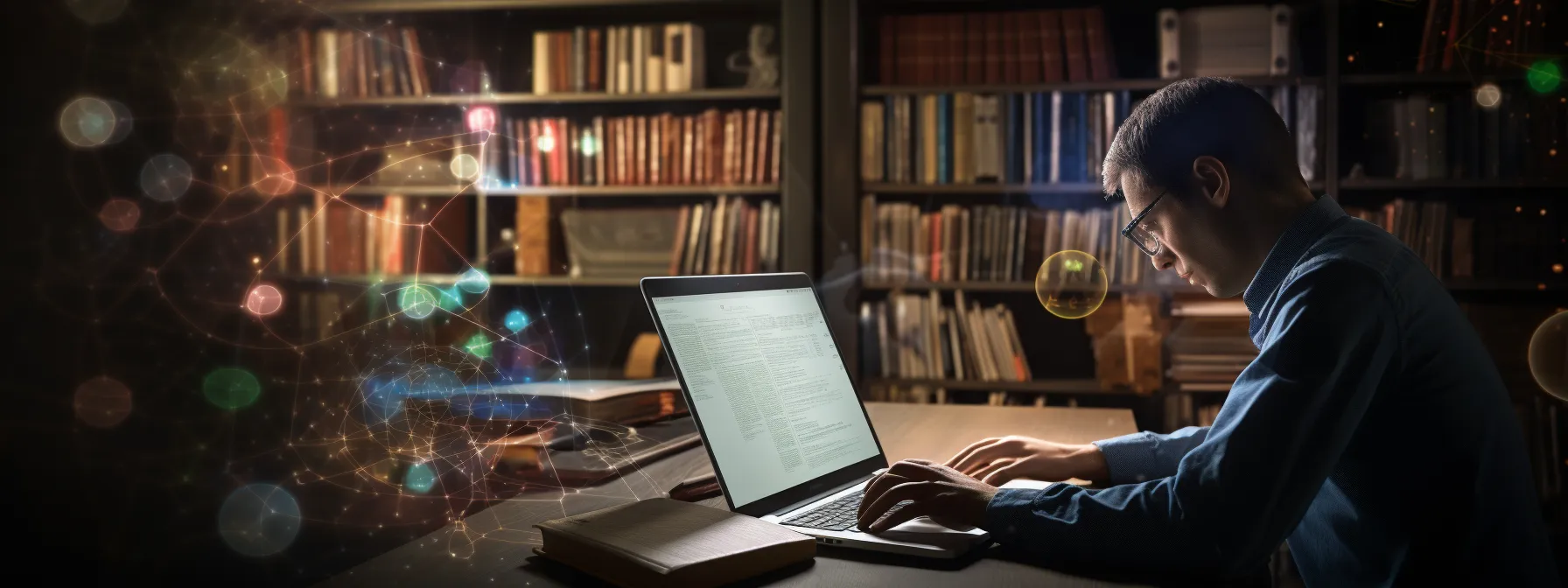 a person typing on a laptop while surrounded by books and notes, showcasing the practical strategies for improving semantic seo.