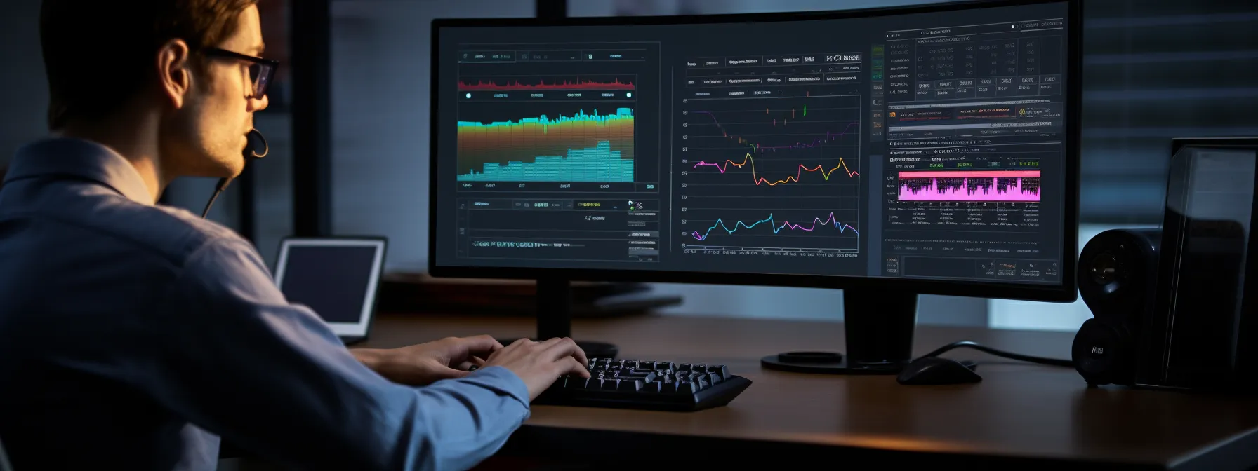 a person sitting at a computer, analyzing data and keywords for an igaming website.