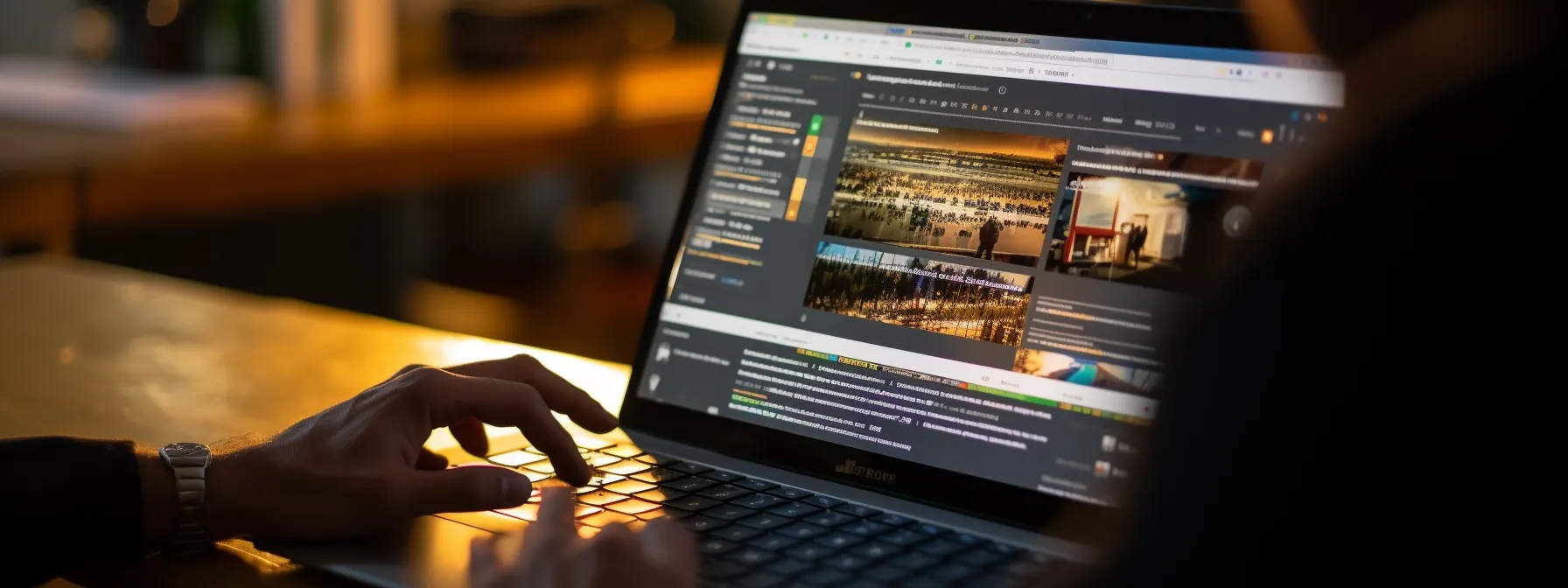 A person using a laptop at a desk, browsing a website that displays images and text in a dark-themed interface.