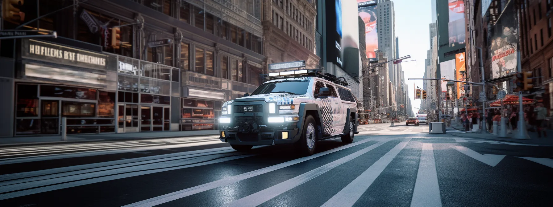 A white armored SUV drives through a crosswalk in a busy city with tall buildings and digital billboards during the day.