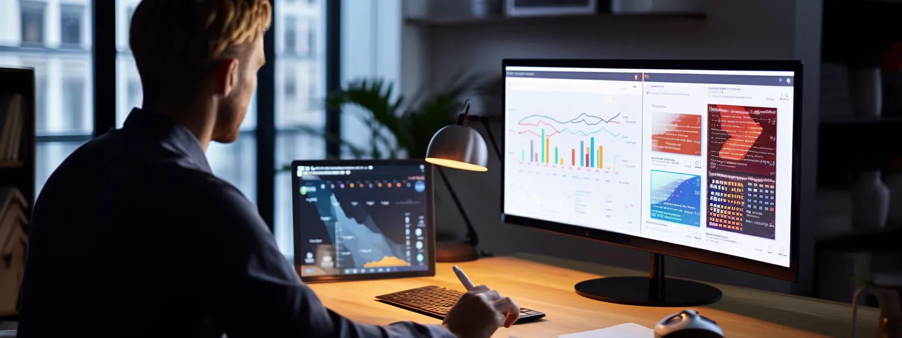 Business analyst working on financial dashboards with data visualizations on dual monitors, reviewing charts, graphs, and performance metrics in a modern office setting.