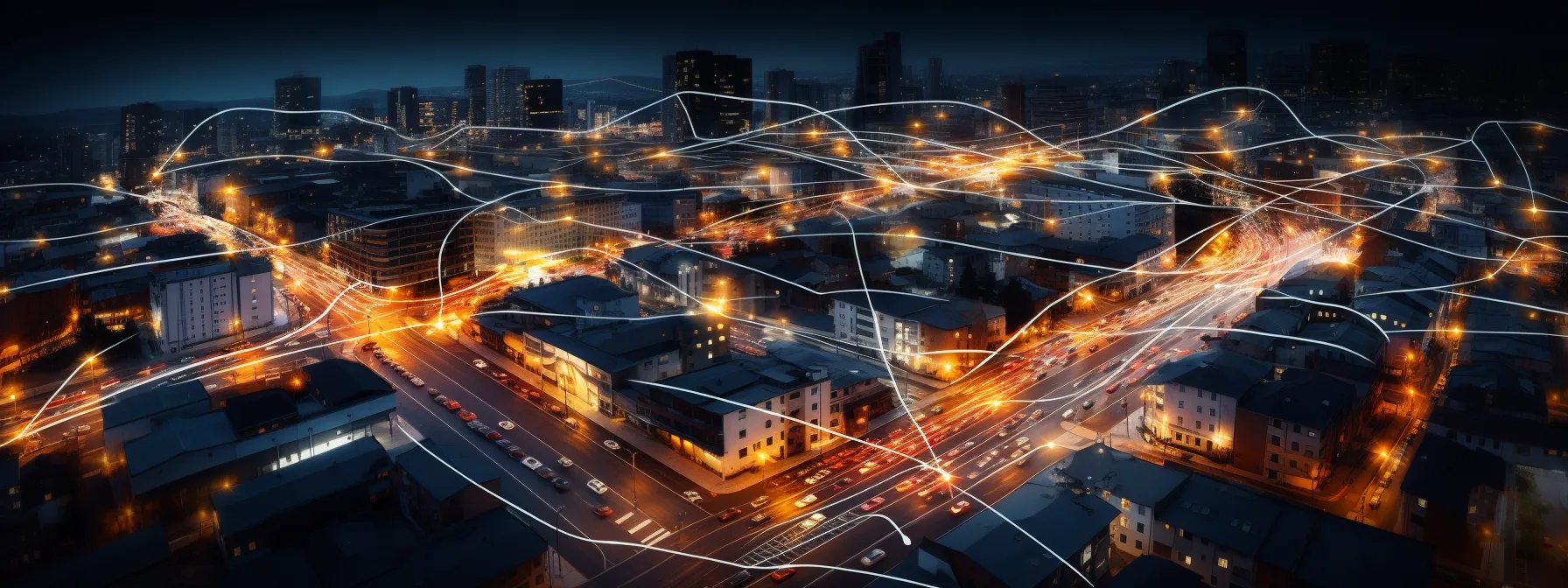 A cityscape at night with illuminated streets and buildings, overlaid with glowing lines symbolizing digital connectivity and data networks.