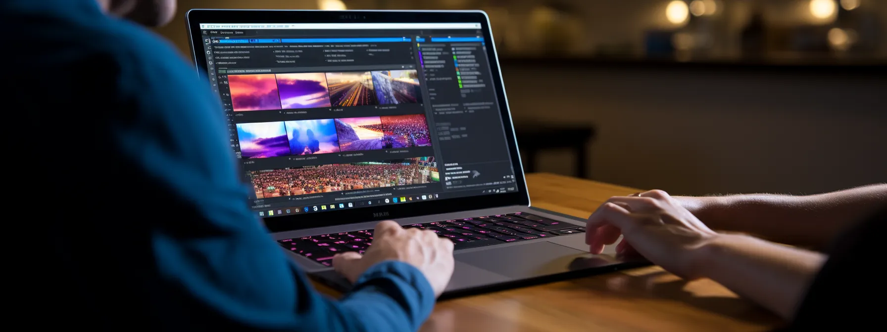 Two people working on a laptop displaying video editing software, with colorful video thumbnails on the screen in a dimly lit room.