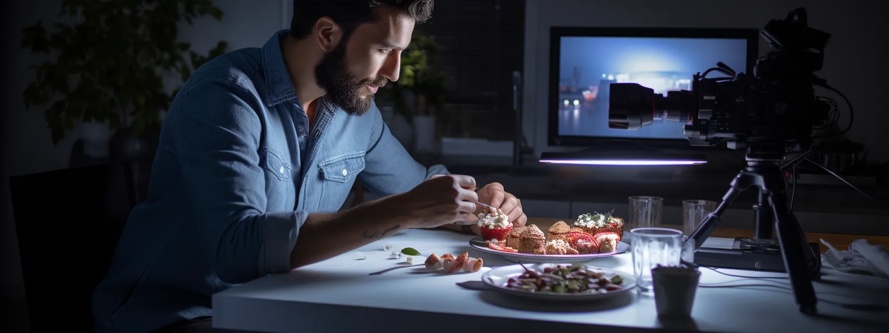 A man in a denim shirt prepares food on a table under studio lighting, with a camera set up nearby and a plate of assorted dishes in front of him.