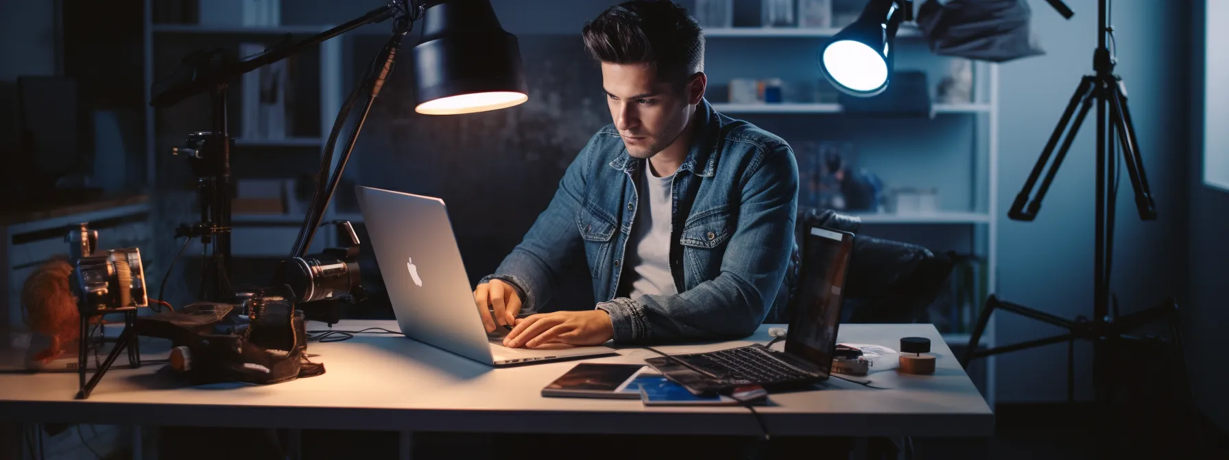 A man works intently on a laptop at a desk in a dimly lit room, surrounded by cameras, notebooks, and photography equipment.