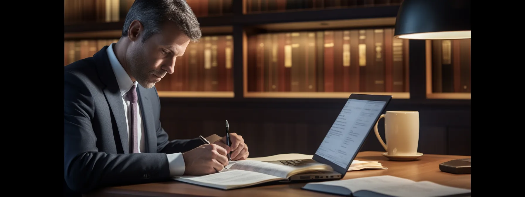 a lawyer writing a guest blog post with a laptop and a stack of legal directories in the background.
