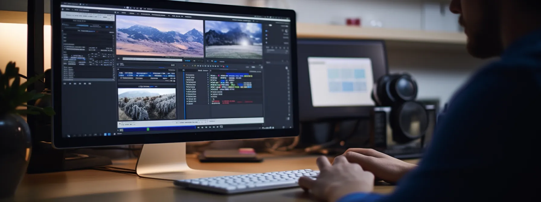 A person edits video clips and code on a computer monitor in a modern office workspace, with a second screen and headphones in the background.