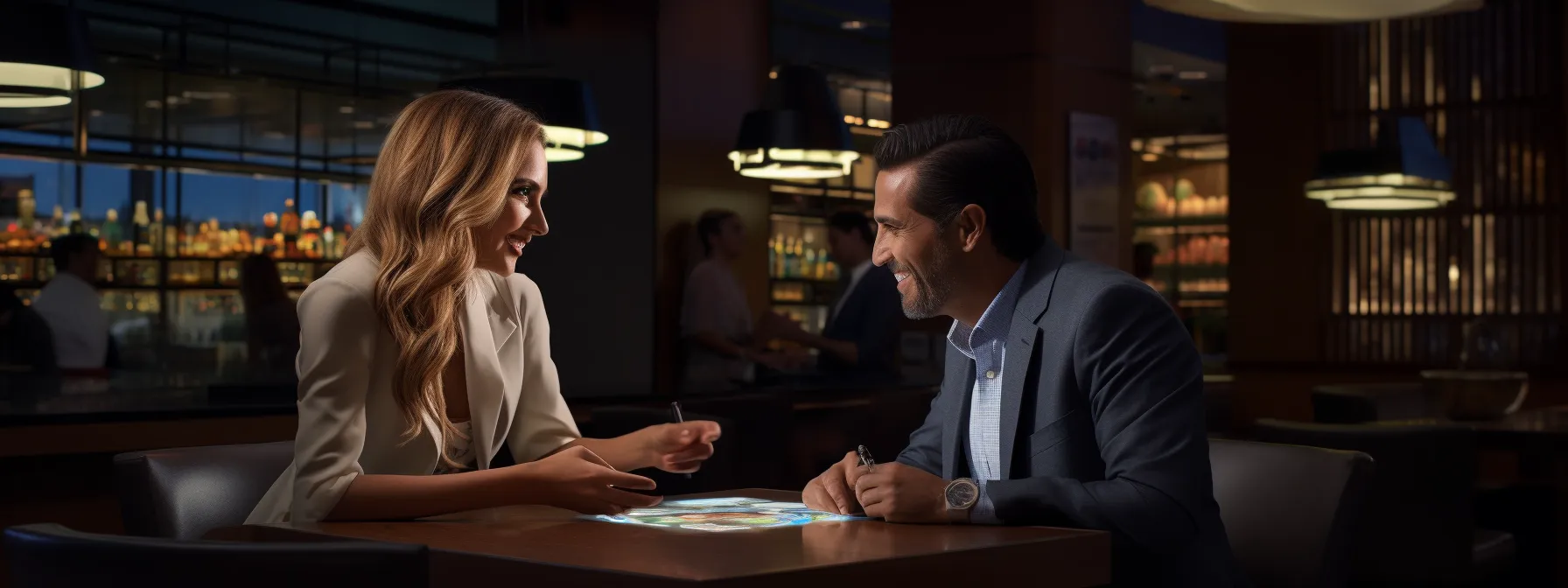 two professionals discussing seo strategies in a casino office environment.