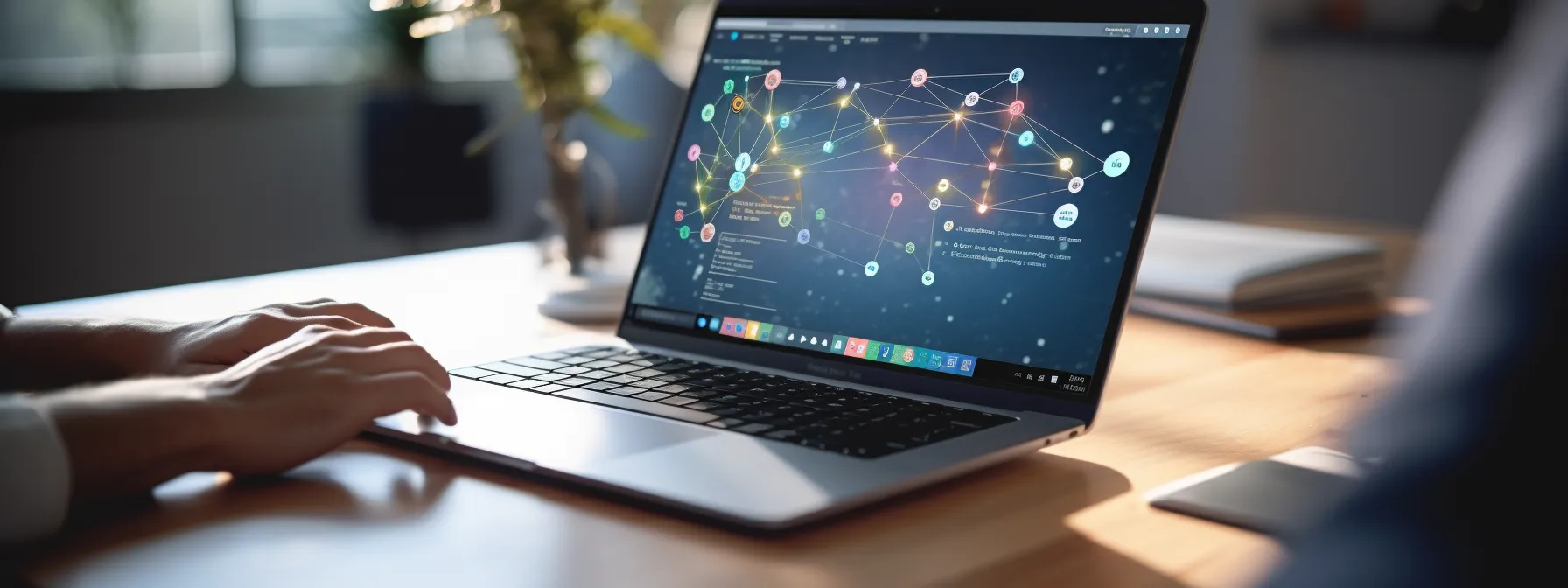 a person typing on a laptop with social media icons and a chart of backlinks in the background.