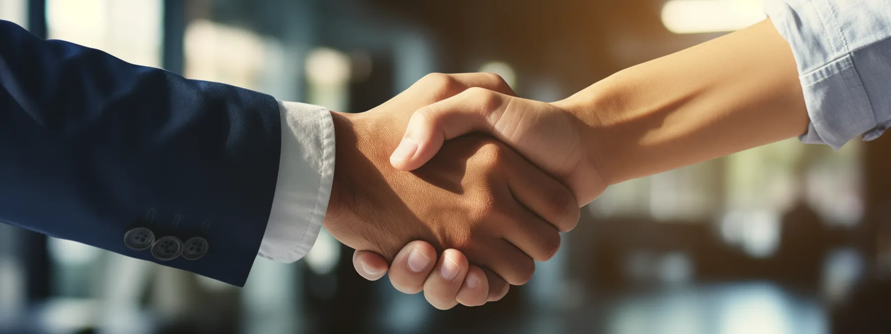 Two people in business attire shaking hands, with a blurred office background.