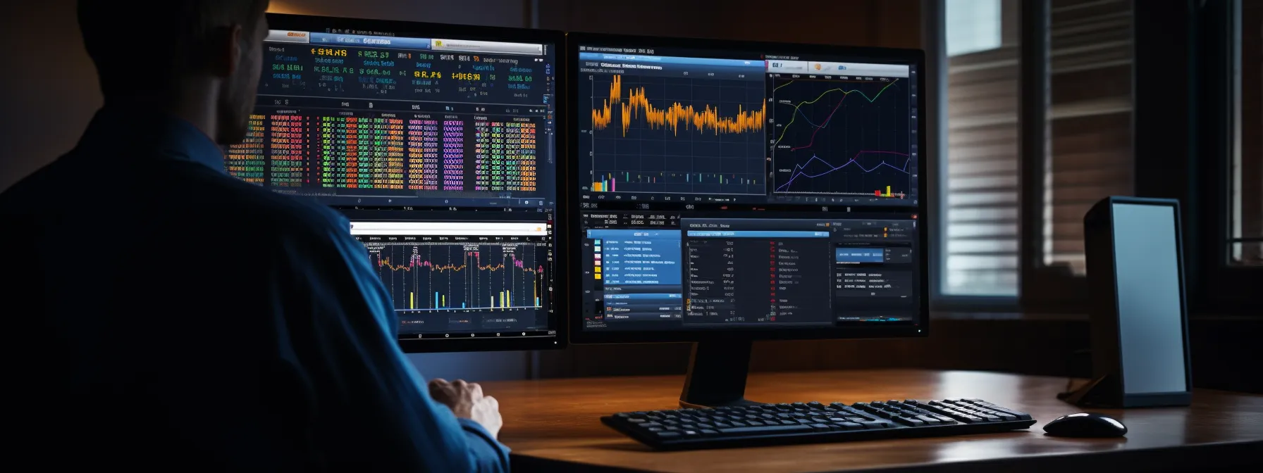 A person sits at a desk using dual monitors displaying financial charts, stock market data, and trading software in a dimly lit office.