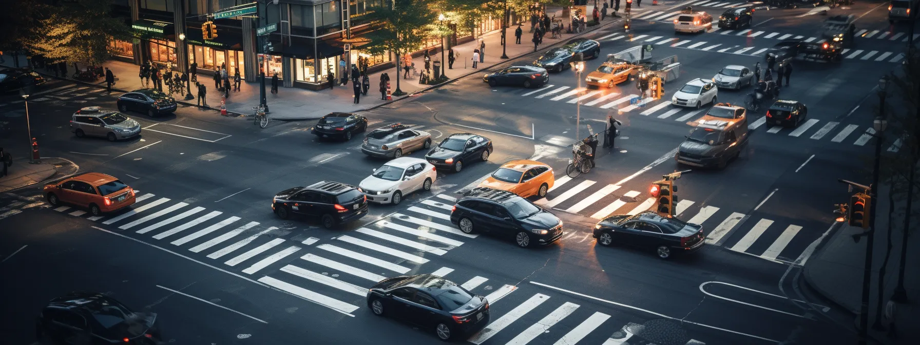 A busy city intersection at dusk with multiple cars stopped at crosswalks, pedestrians on sidewalks, and buildings lit by streetlights.